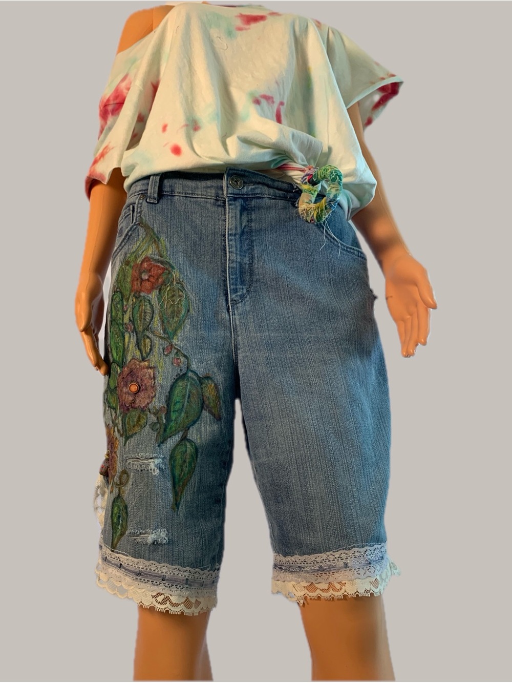 Floral Hand Painted Denim Bermuda Shorts - Blue
